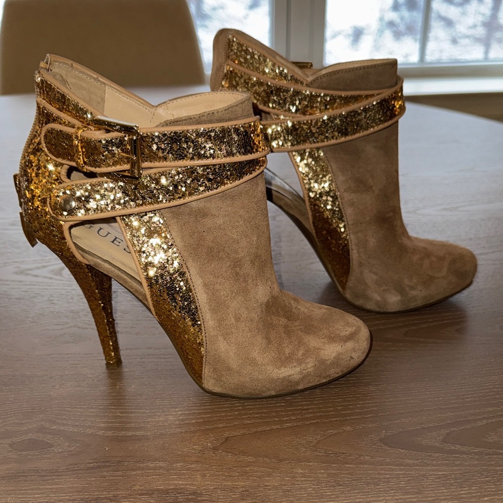 Guess Gold and Tan Glitter Ankle Boots